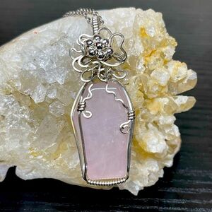 Rose Quartz Coffin Crystal Pendant Necklace Wire Wrapped Sterling Silver Chain